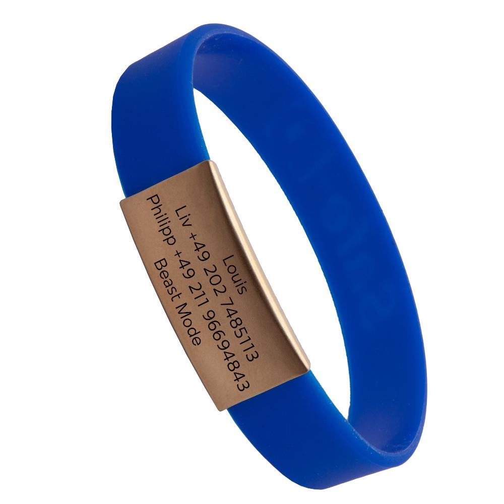 Info-Armband - rosé-goldfarbener iD-Tag mit blauem Armband