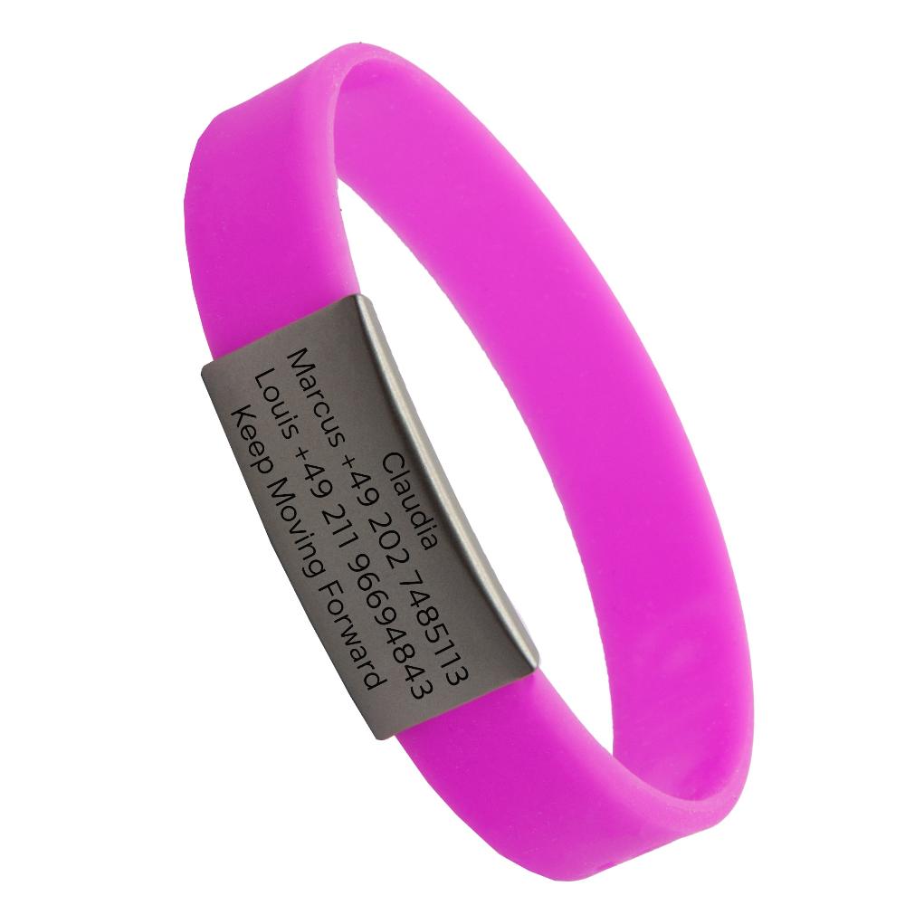 Info-Armband - grauer iD-Tag mit pinkem Armband