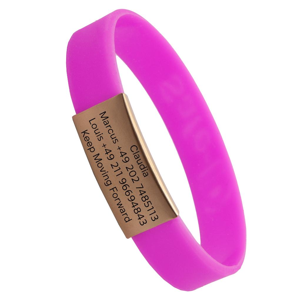 Info-Armband - rosé-goldfarbener iD-Tag mit pinkem Armband