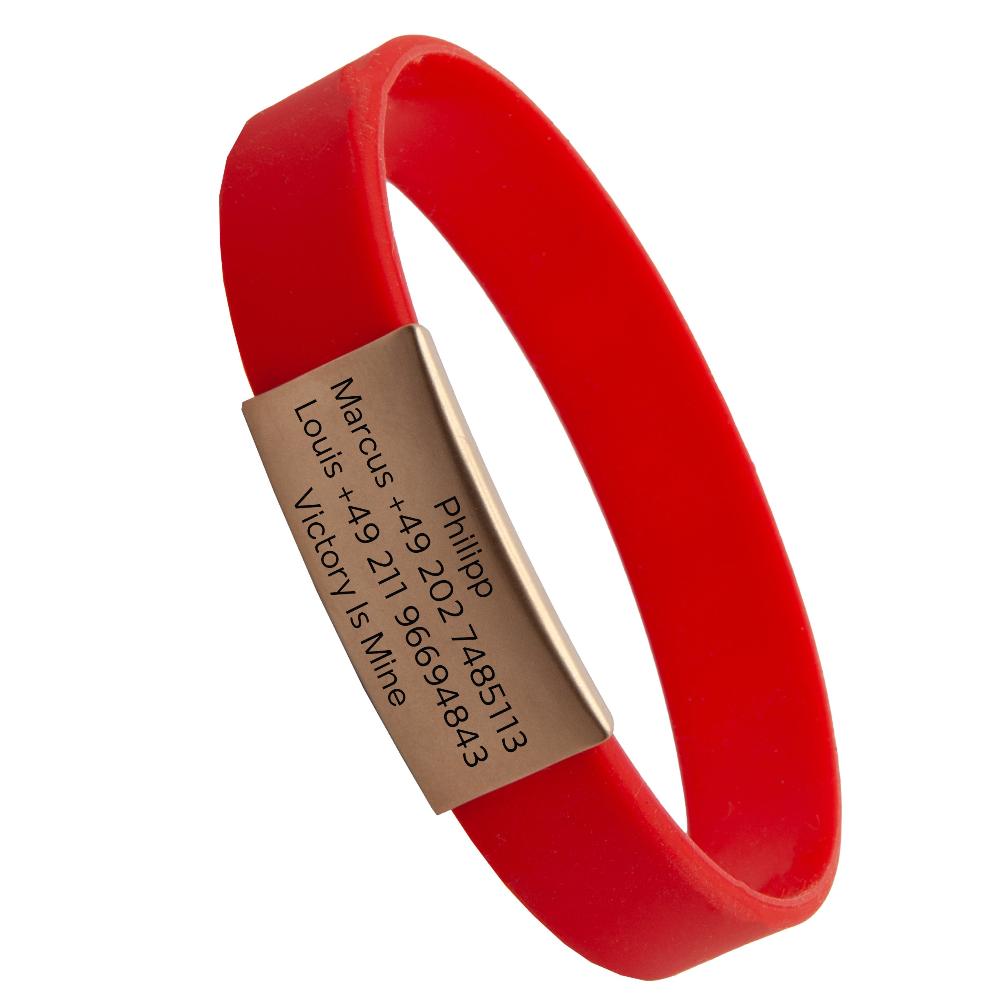 Info-Armband - rosé-goldfarbener iD-Tag mit rotem Armband