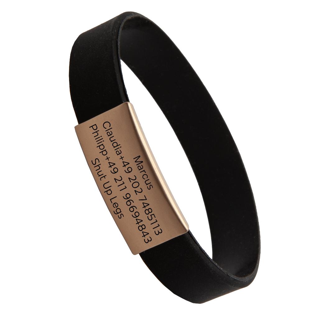Info-Armband - rosé-goldfarbener iD-Tag mit schwarzem Armband