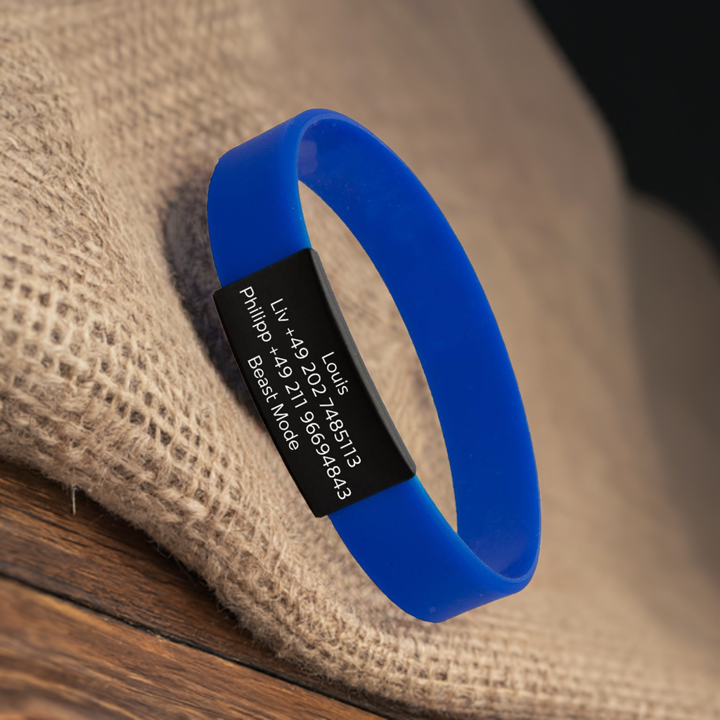 SOS-Info Armband - schwarzer iD-Tag mit blauem Armband