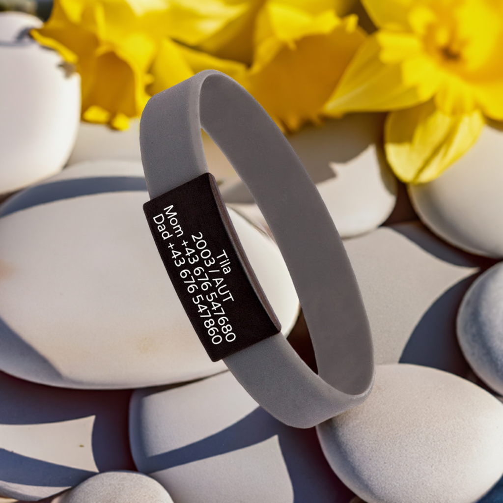 SOS-Info Armband - schwarzes iD-Tag mit grauem Armband