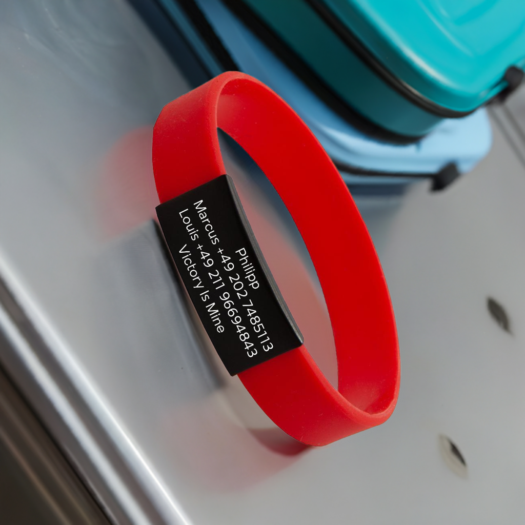 SOS-Info Armband - schwarzer iD-Tag mit rotem Armband