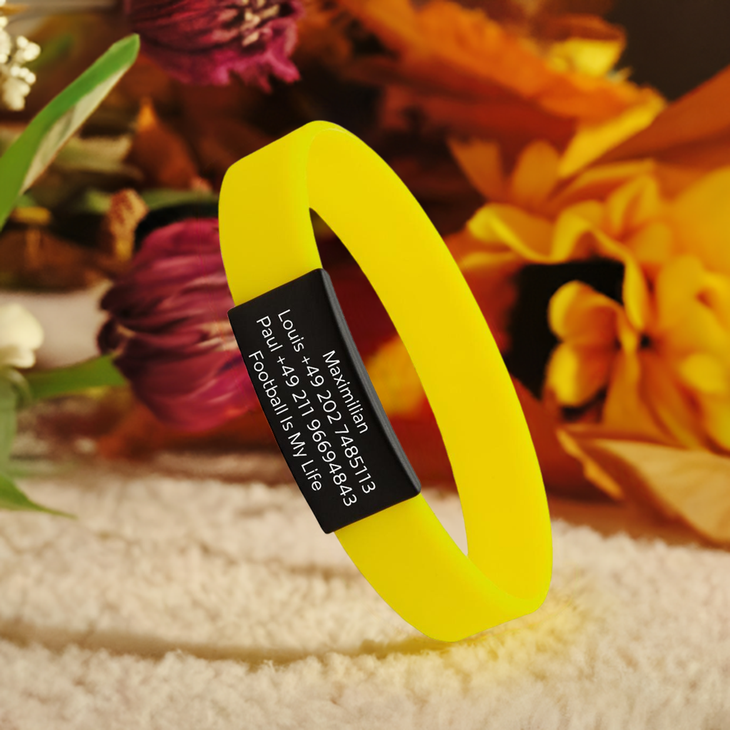 SOS-Info Armband - schwarzer iD-Tag mit gelbem Armband