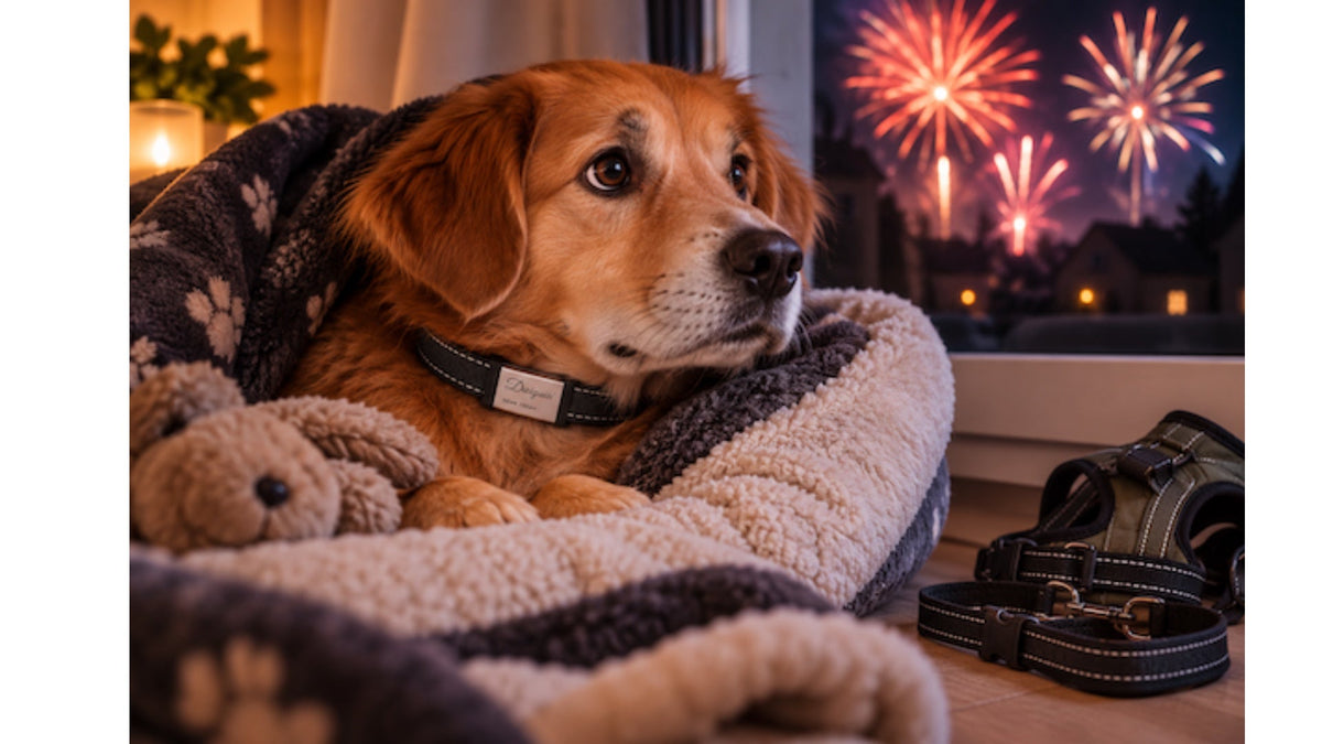 Ängstlicher Hund mit Hundemarke am Halsband an Silvester