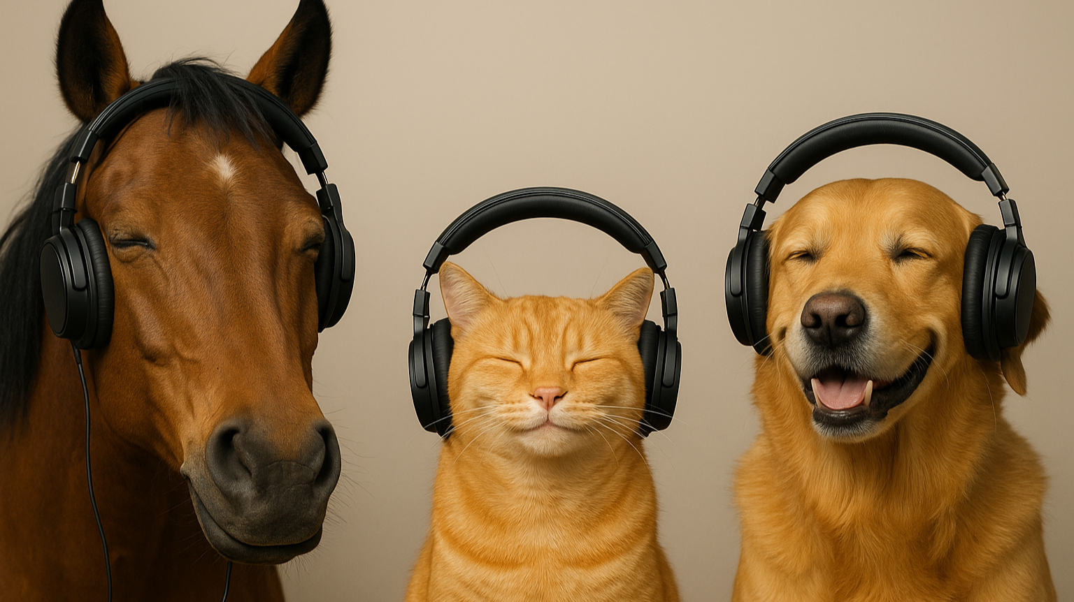 Hund, Katze, Pferd mit Kopfhörern auf dem Kopf. Lächeln