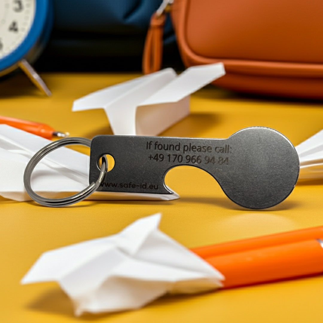 Personalisierter Schlüsselanhänger mit Gravur – Einkaufswagenlöser & Flaschenöffner aus Edelstahl