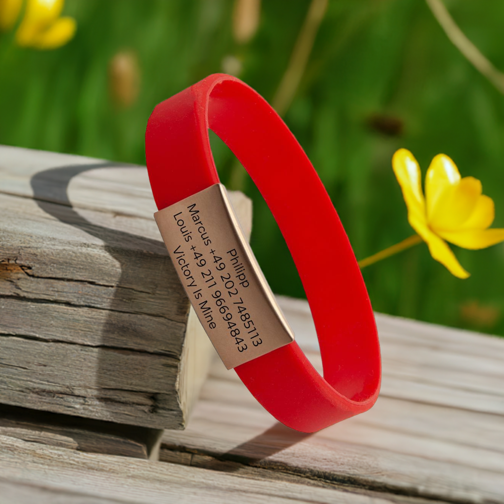 SOS Notfallarmband - rosé-goldfarbener iD-Tag mit rotem Armband